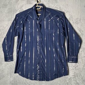 Vintage Panhandle Slim Shirt Mens 17 33 Blue Silver Metallic Cowboy Western Snap